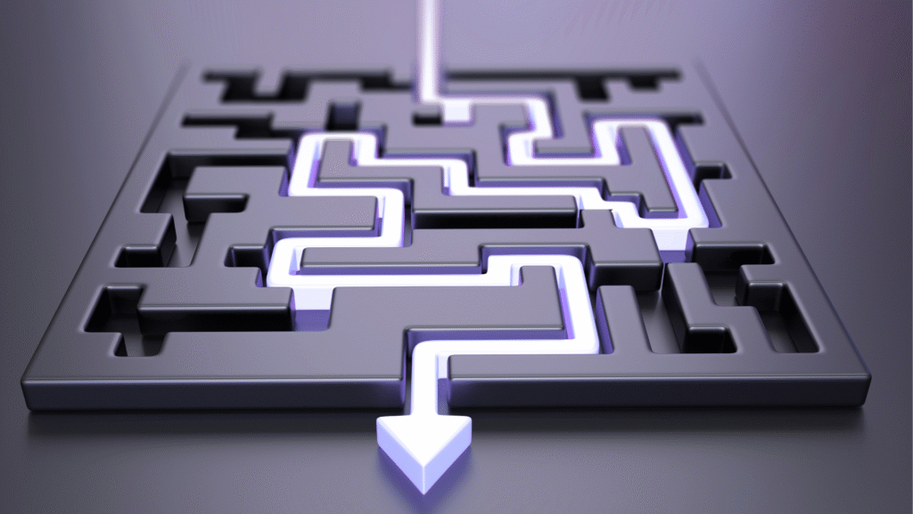 Metaphorische Darstellung ineffizienter Prozesslandschaften als Labyrinth – Symbolbild für die Notwendigkeit strategischer Effizienzsteigerung und Prozessoptimierung durch KI-gestützte Klärung.