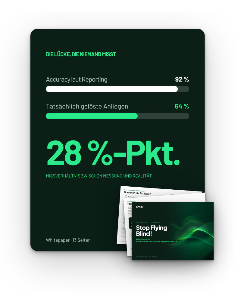 Stop Flying Blind: Whitepaper zur Qualität von KI-Agenten im Kundenservice. 92 % Accuracy laut Reporting, 64 % tatsächlich gelöste Anliegen